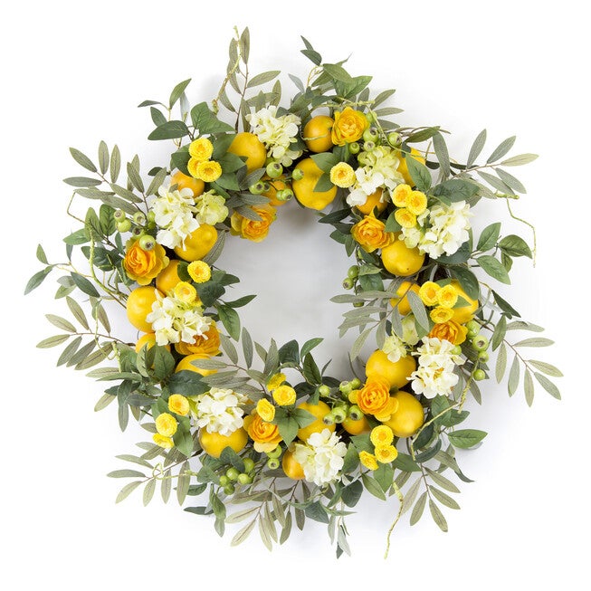 Lemon Floral Wreath 28 inchesD, YELLOW, hi-res image number 0