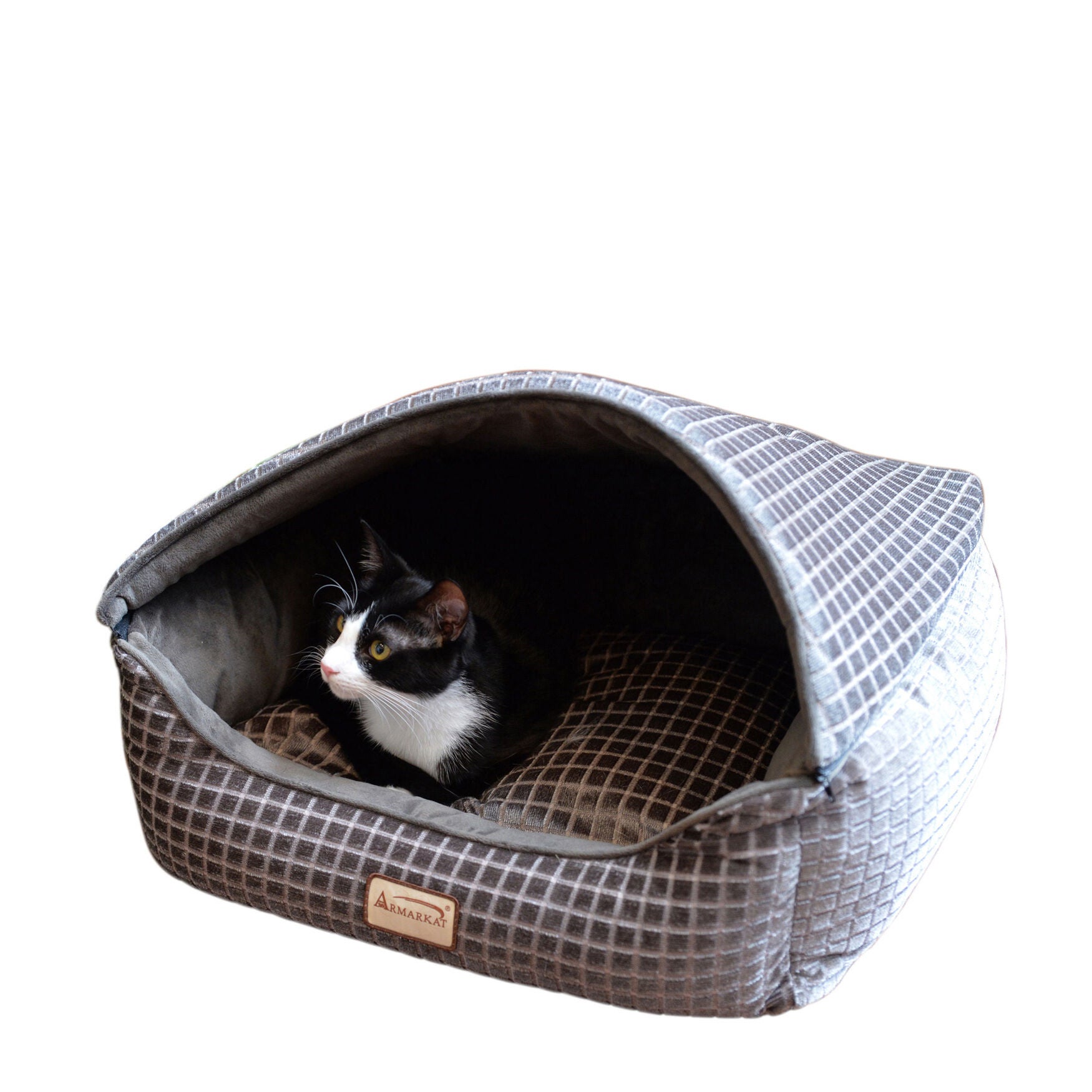 Cuddle Cave Cat Bed With Detachable & Collasible Zipper Top, Removable Cushion Mat, Bronze & Silver, SILVER, hi-res image number 0
