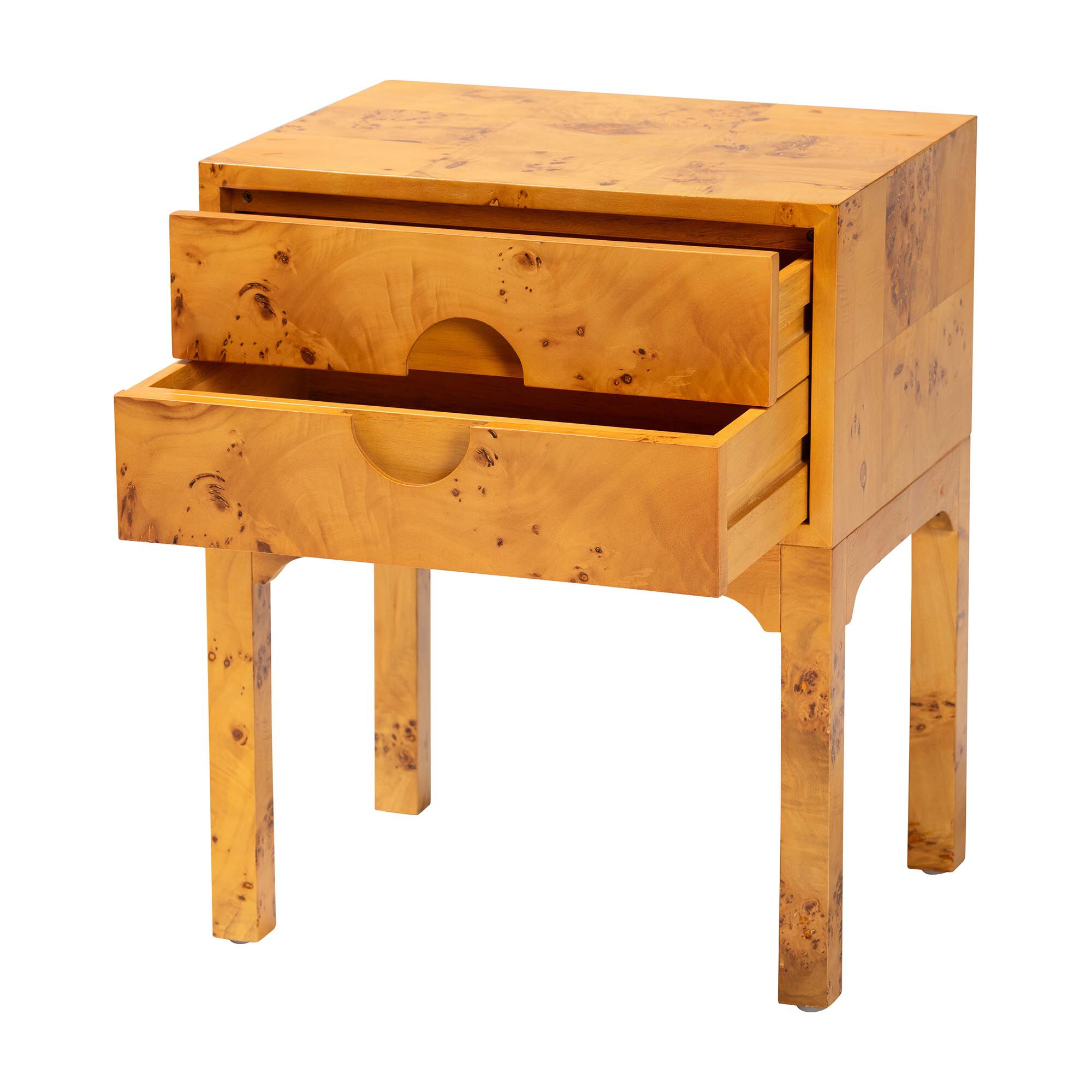 Kayla Modern and Contemporary Natural Light Mappa Real Burl Wood 2-Drawer Nightstand, BURL, alternate image number 2