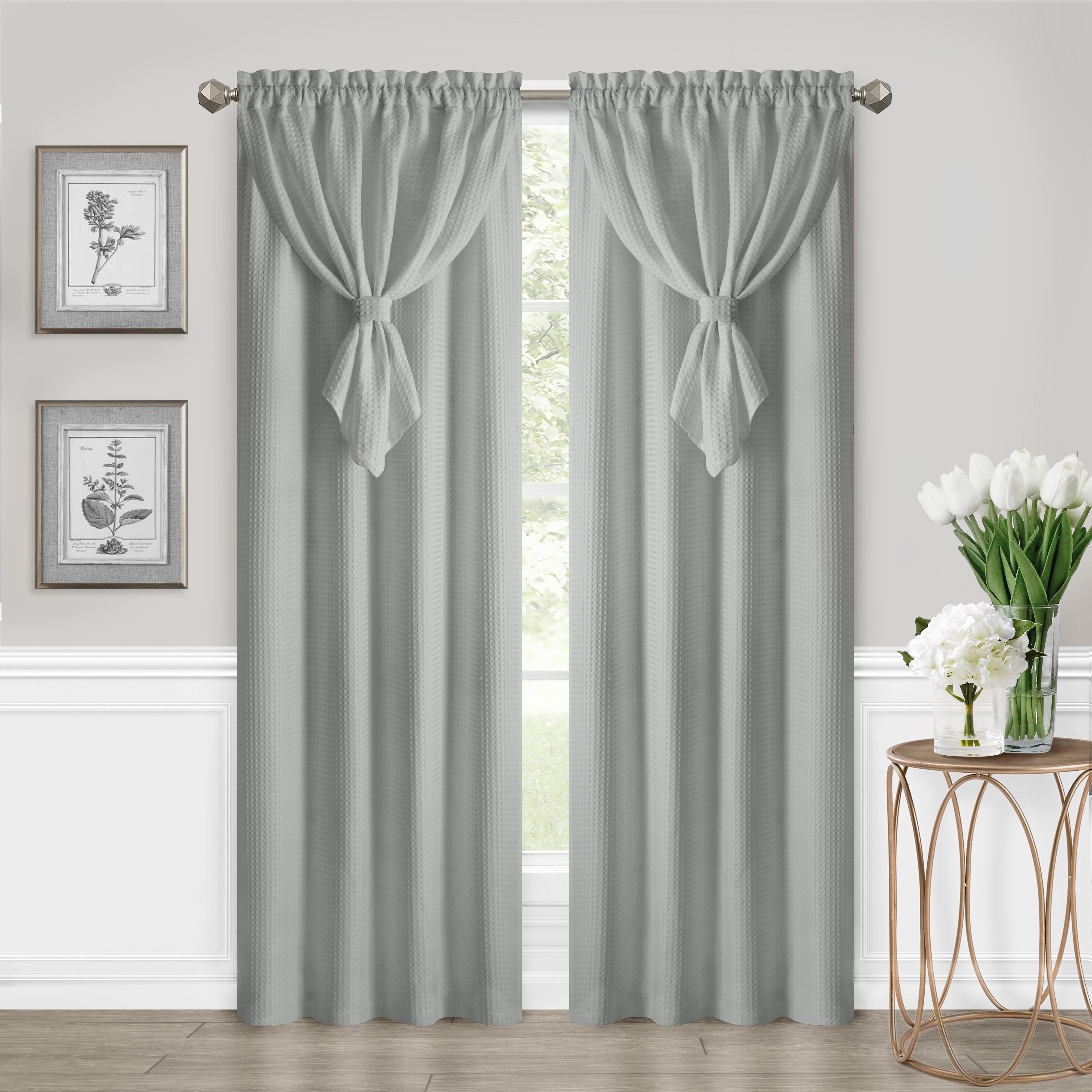 Allegra Waffle Texture Window Curtain Panel with Attached Valance, GREY, hi-res image number 0