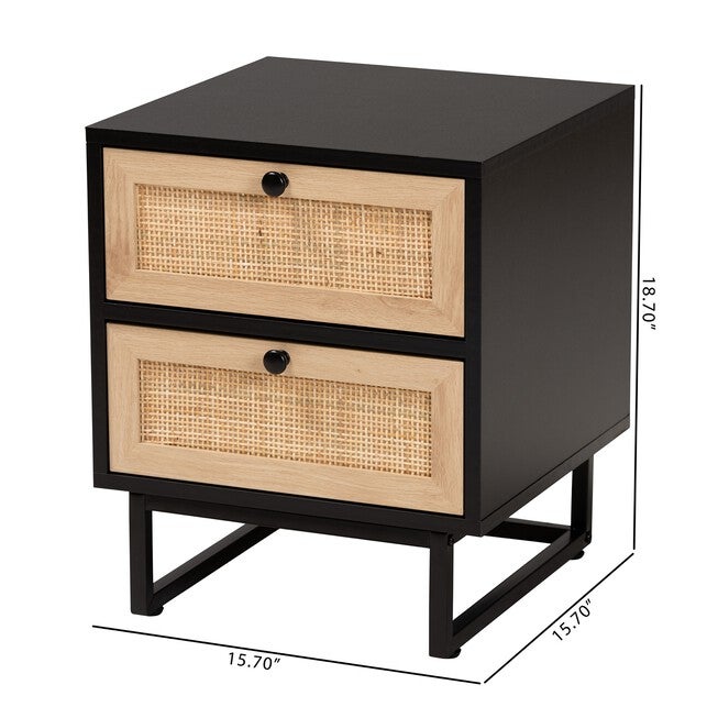 Declan Mid-Century Modern Espresso Brown Finished Wood And Natural Rattan 2-Drawer Nightstand, , alternate image number 9