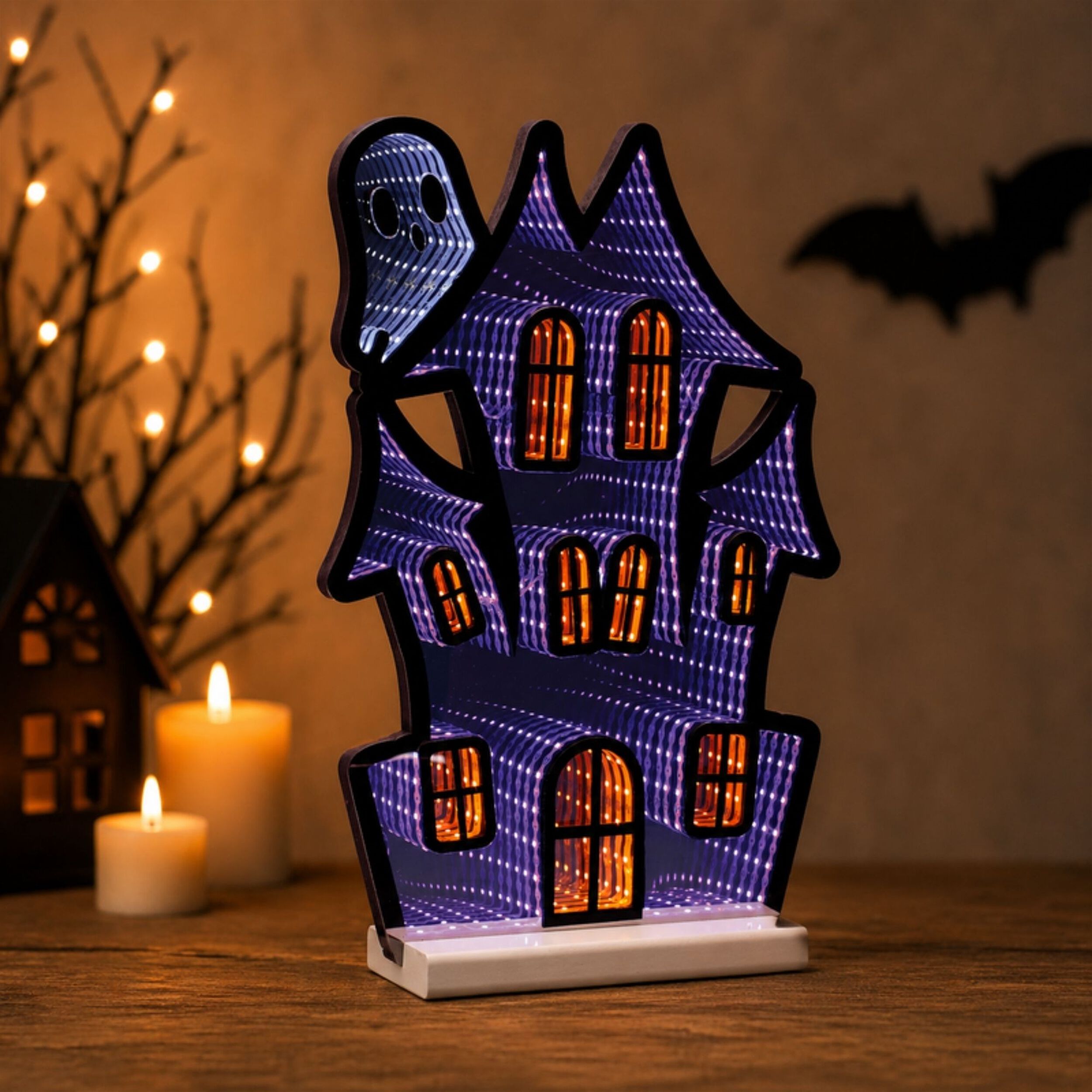 Haunted House w/Ghost Ekkolight 23.5 inchesH, PURPLE BLACK ORANGE, alternate image number 3