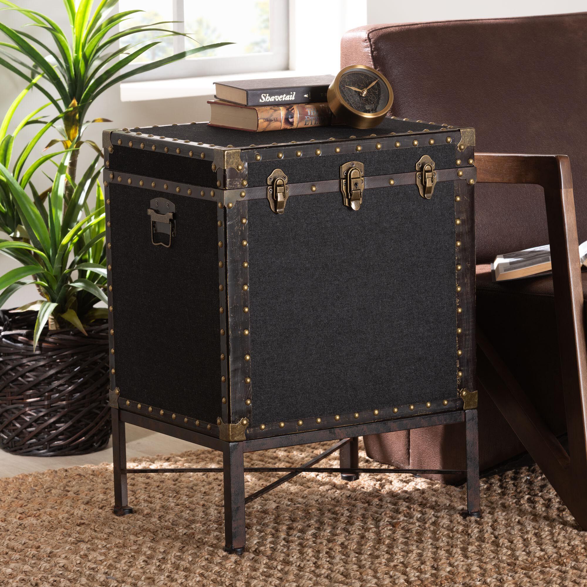Laura Vintage Black Canvas Lift-Top Trunk End Table, BLACK, hi-res image number 0