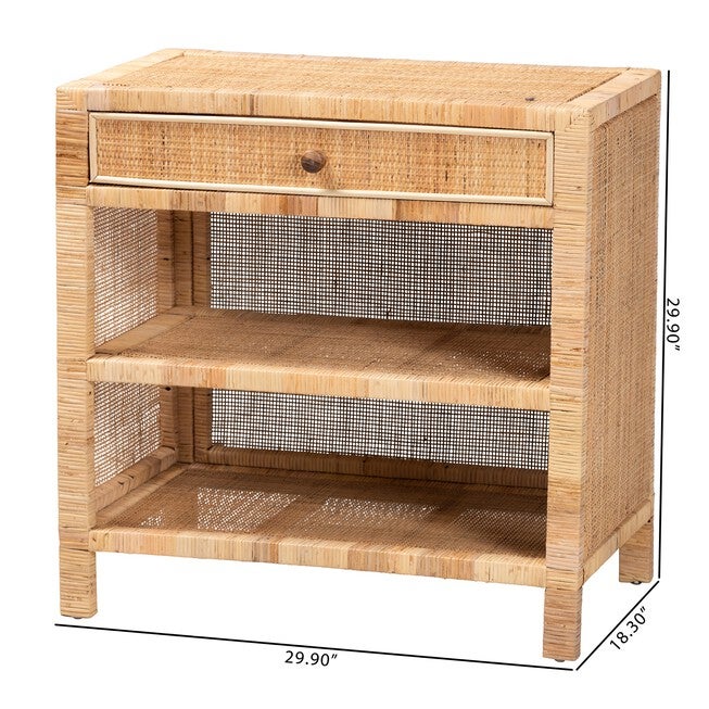 Bella Modern Bohemian Natural Brown Mahogany Wood And Natural Rattan 1-Drawer Console Table, , alternate image number null