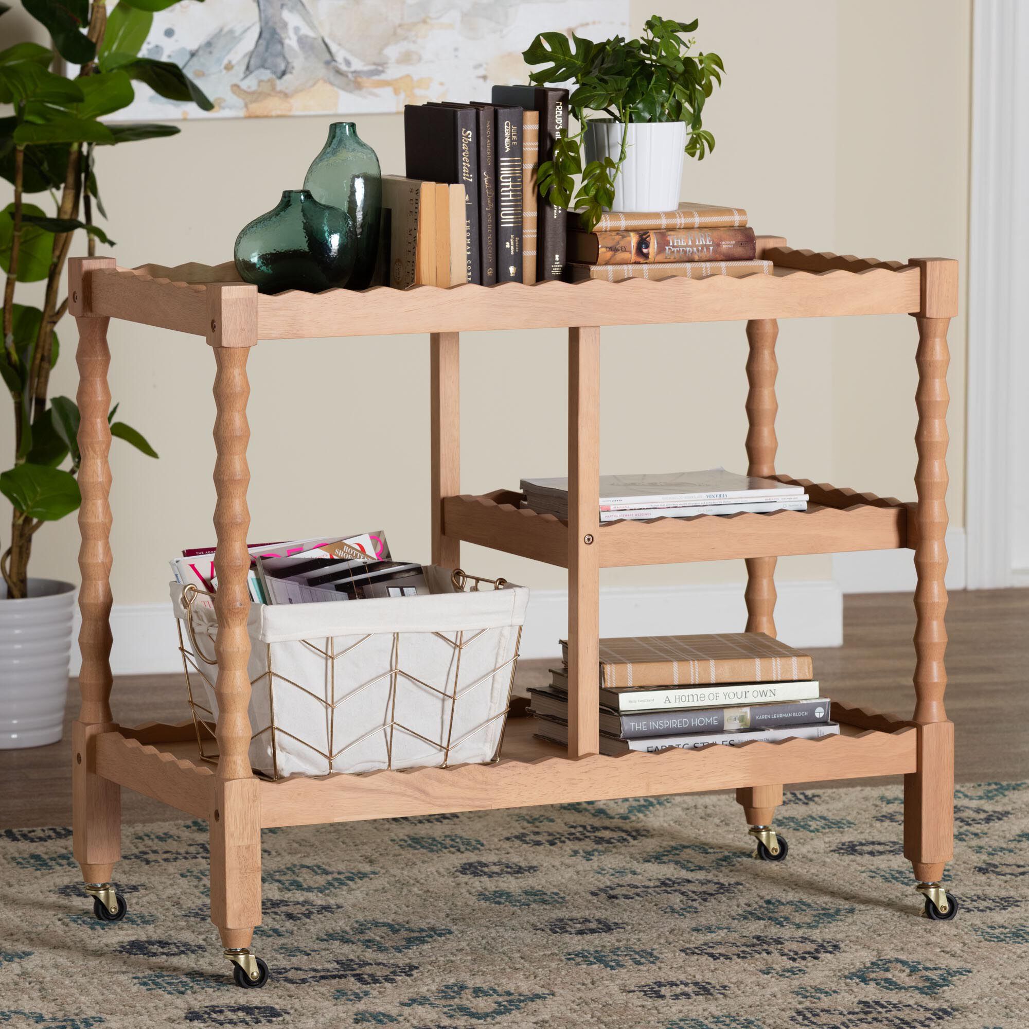Seamus 3-Tier Beech Brown Book Cart with Bobbin Frame, BROWN, hi-res image number 0