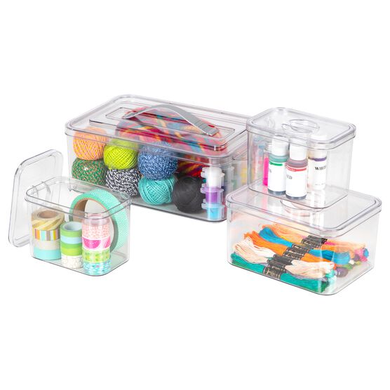 Clear Plastic Storage Bins With Grey Handles-Set Of 4 Large, Medium, Small Containers For Closet Fridge Organization, CLEAR, hi-res image number null