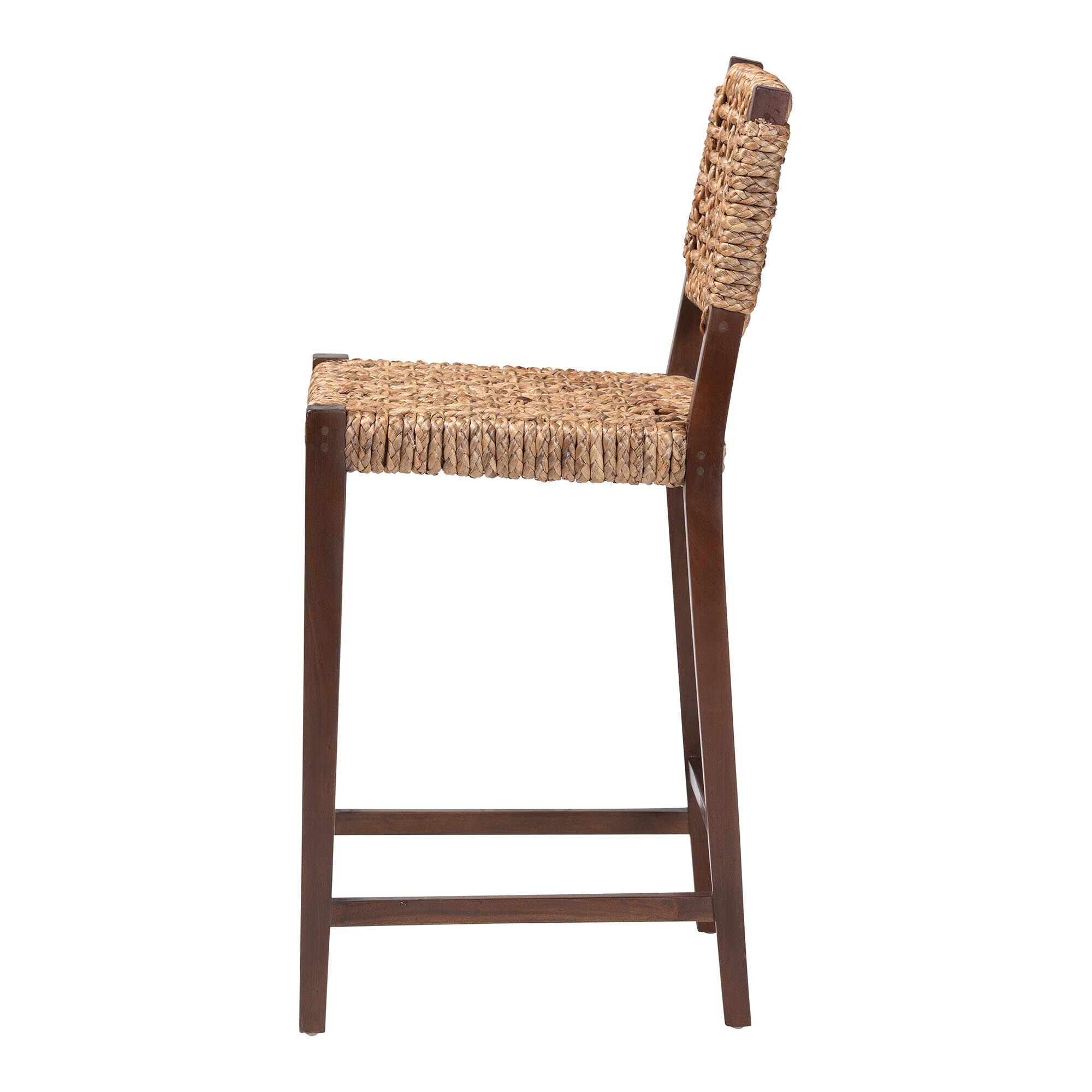 Side view of handwoven seagrass bar stool with wooden frame