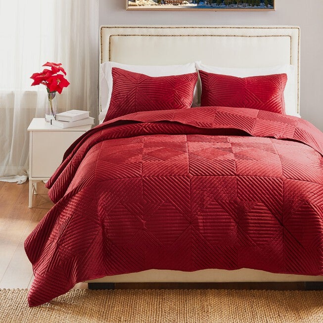 Riviera Velvet Finely Stitched Modern Quilt Set, Red, 3-Piece King, RED, alternate image number 3