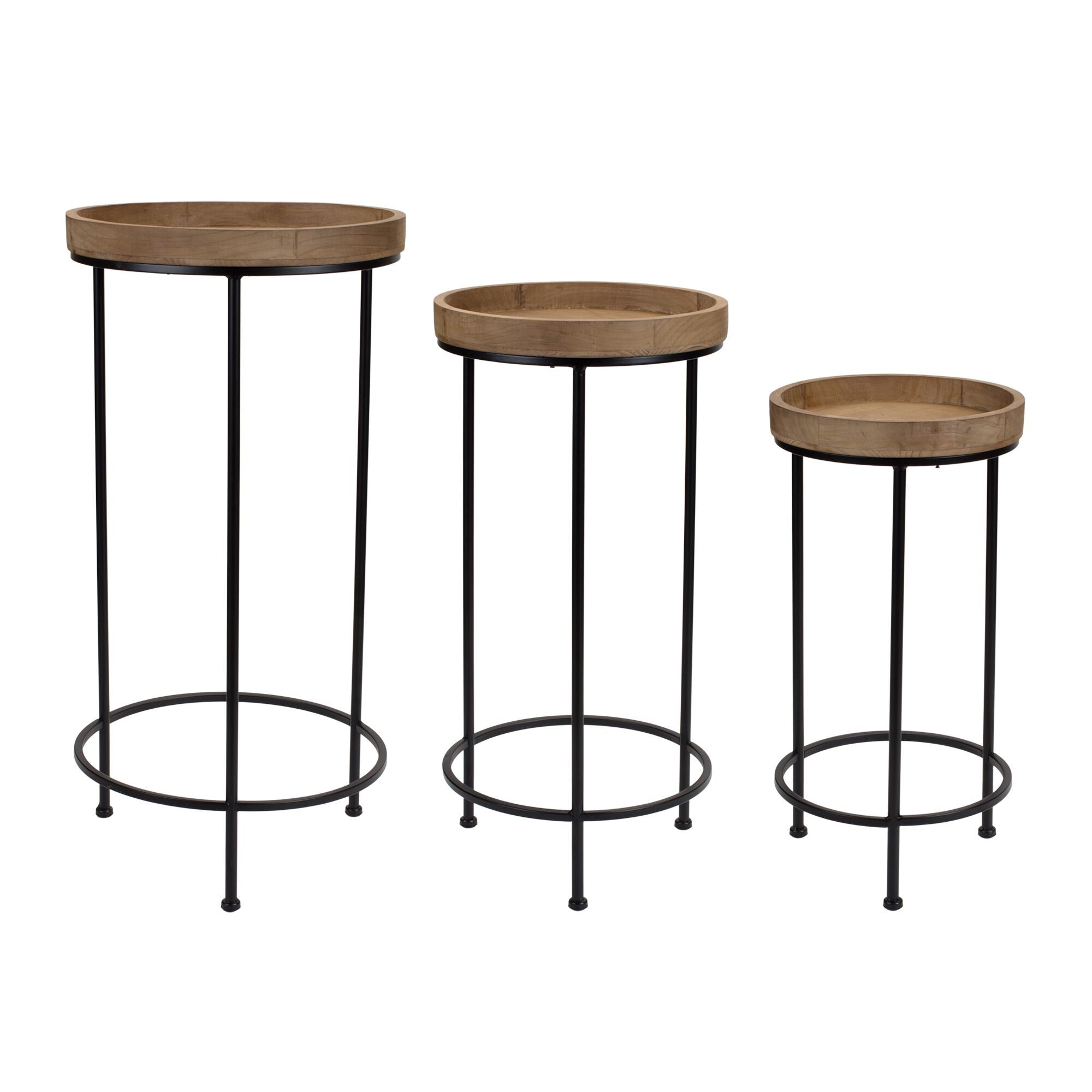 Round Wood and Metal Plant Stand Table (Set of 3), BROWN, hi-res image number 0