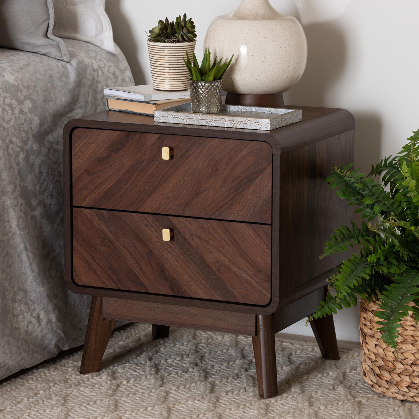 Markell Mid-Century Transitional Walnut Brown Finished Wood 2-Drawer Nightstand, , alternate image number 13