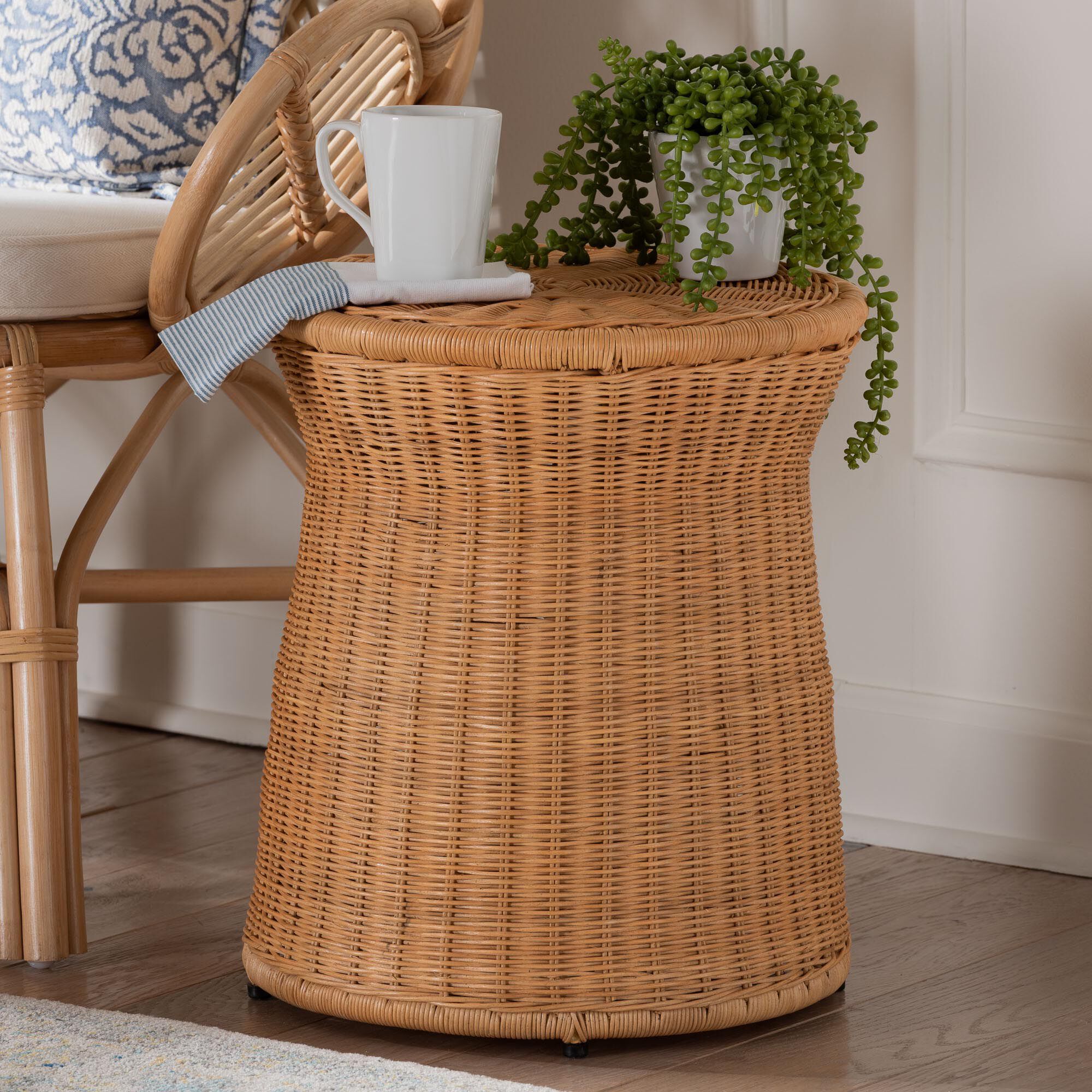 Caroline Round Natural Rattan End Table, LIGHT HONEY, hi-res image number 0