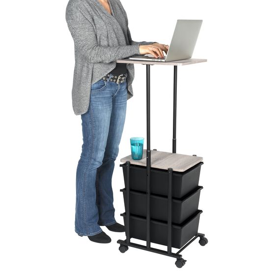 3-Drawer Cart Adjustable Height, Matte Black and Wood Grain Laminate Top, , alternate image number null