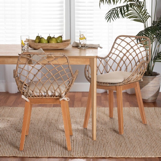 Ballerina Modern Bohemian Greywashed Rattan And Natural Brown Finished Wood 2-Piece Dining Chair Set, , alternate image number 5
