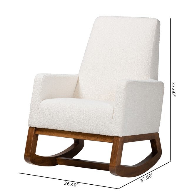 Yashiya Mid-Century Modern Off-White Boucle Upholstered And Walnut Brown Finished Wood Rocking Chair, , alternate image number null