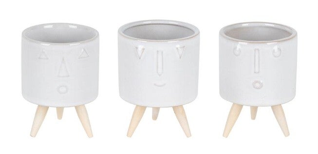 Porcelain Face Planter with Wooden Legs (Set of 3), WHITE/BROWN, hi-res image number null