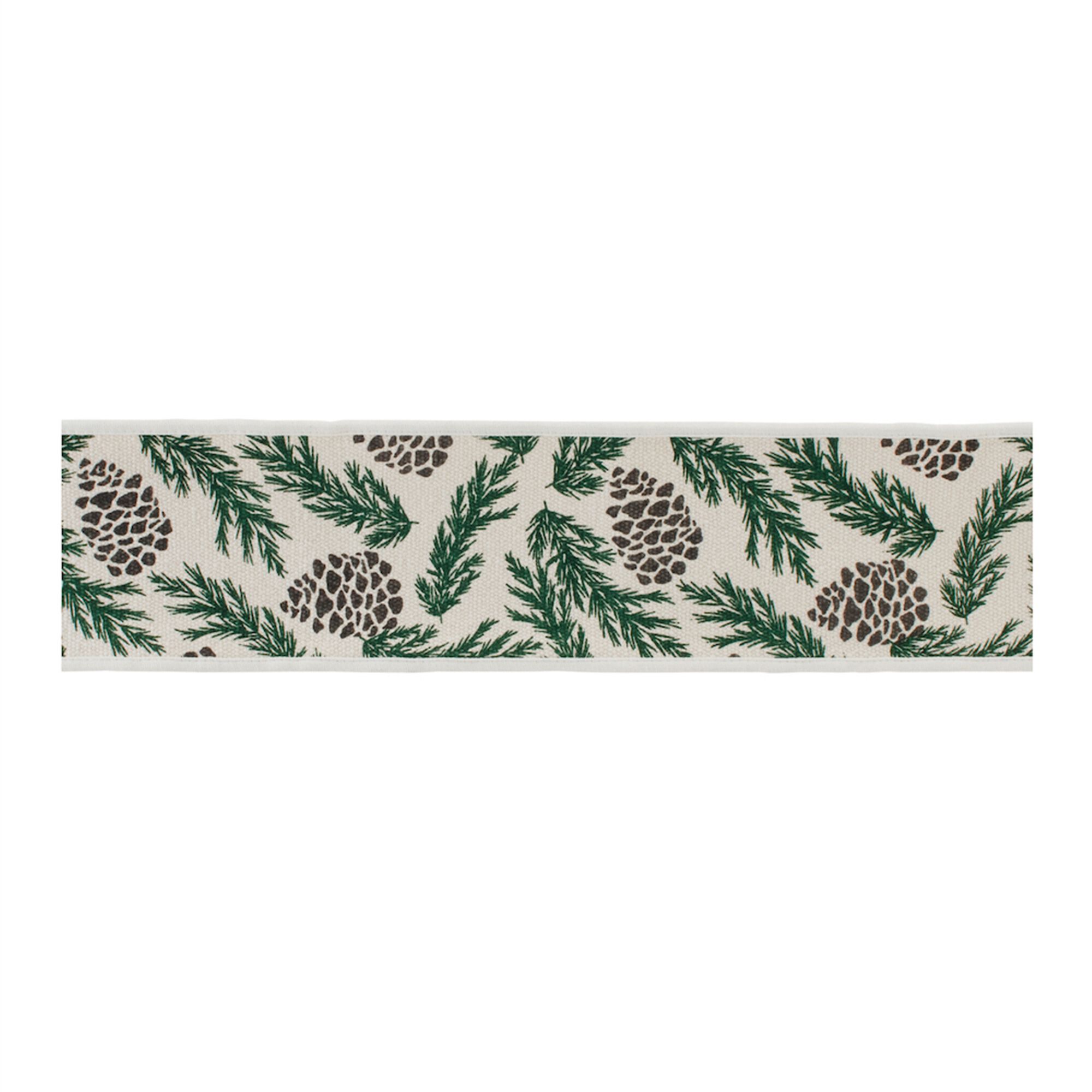 Pine and Pinecone Cotton Wired Ribbon 4 inches x 5yds, WHITE GREEN, hi-res image number 0
