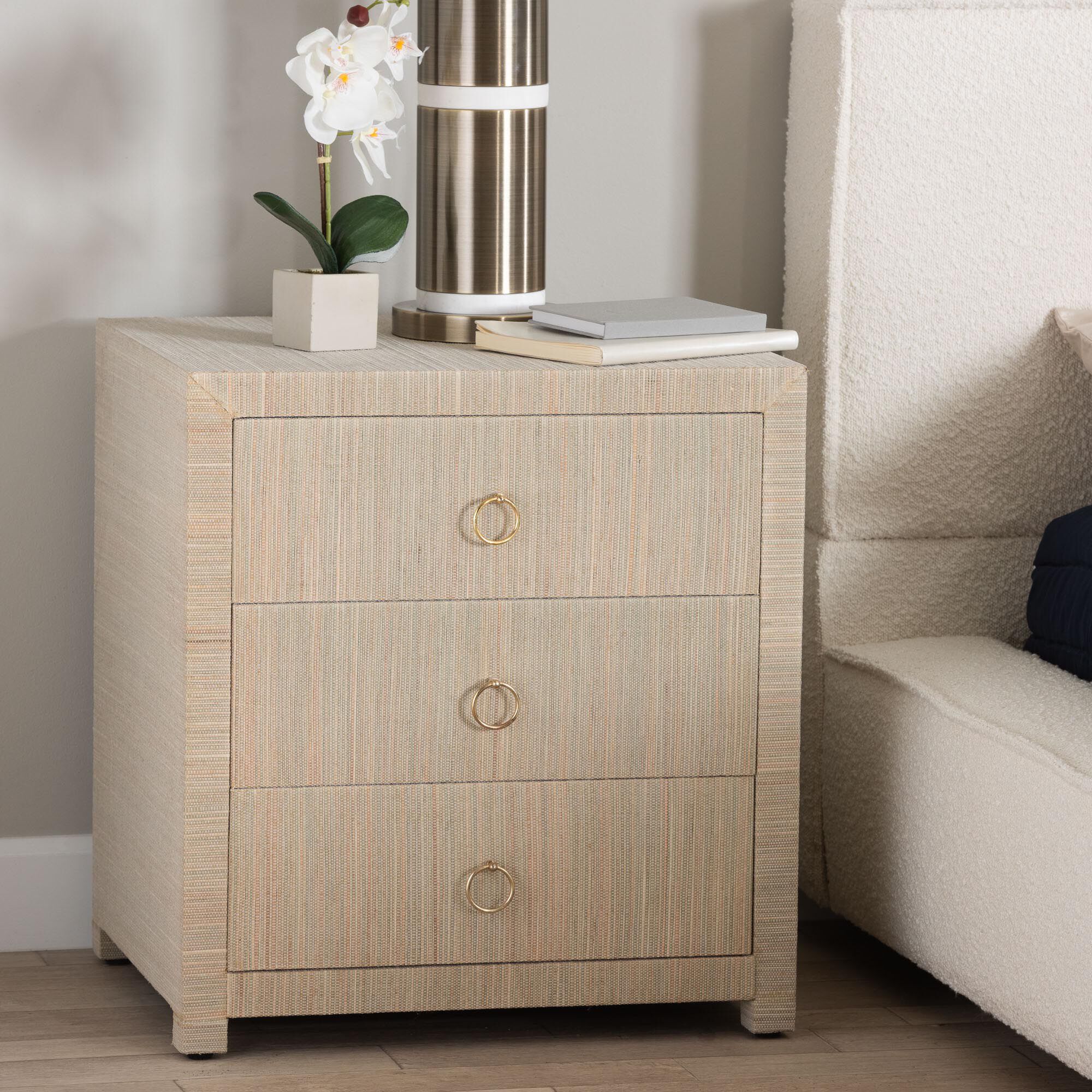 Quinn Bohemian Woven Natural Grasscloth 3-Drawer Nightstand, NATURAL, hi-res image number 0