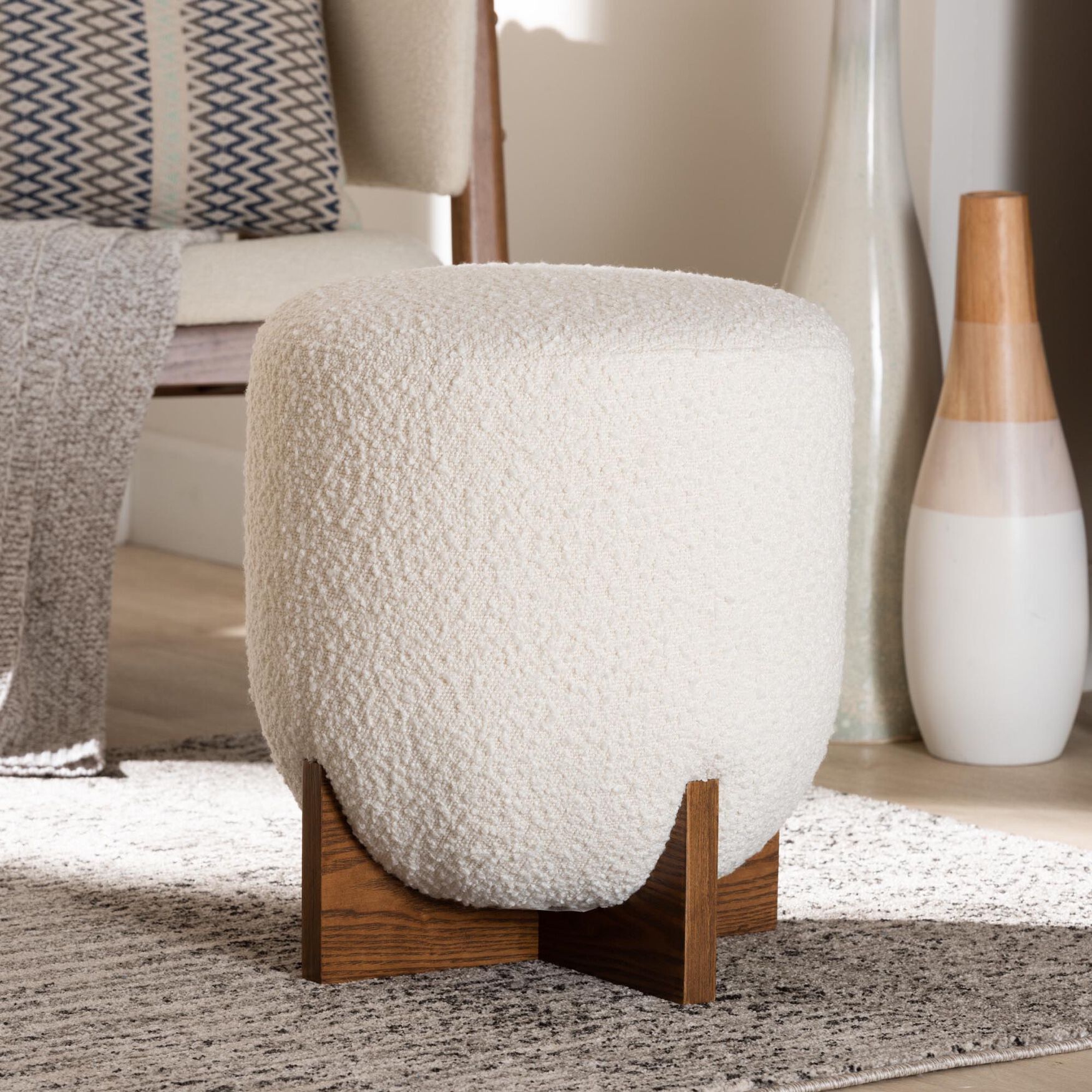 Fisk Japandi Cream Boucle Fabric And Walnut Brown Finished Wood Ottoman Footstool, , alternate image number 4
