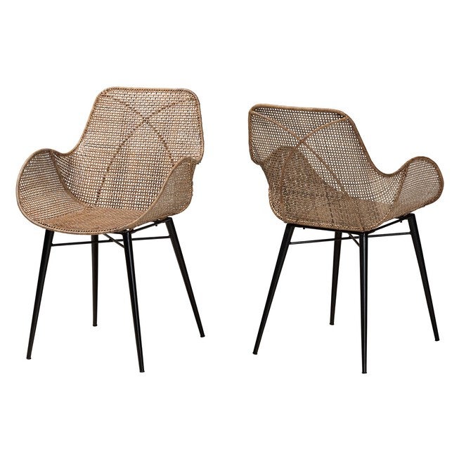 Ballerina Modern Bohemian Greywashed Rattan And Natural Brown Finished Wood 2-Piece Dining Chair Set, GREY RATTAN BLACK, hi-res image number 0