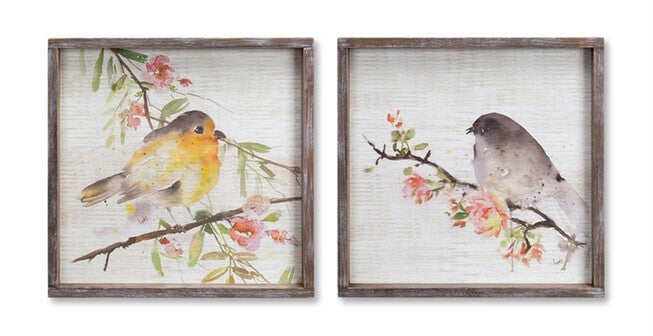 Wood Framed Watercolor Bird Plaque (Set of 2), BROWN WHITE, hi-res image number null