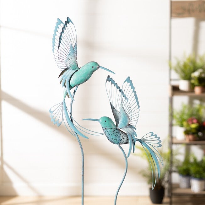 Iron Metal Hummingbird Garden Stake (Set of 2), BLUE/GREEN, alternate image number null