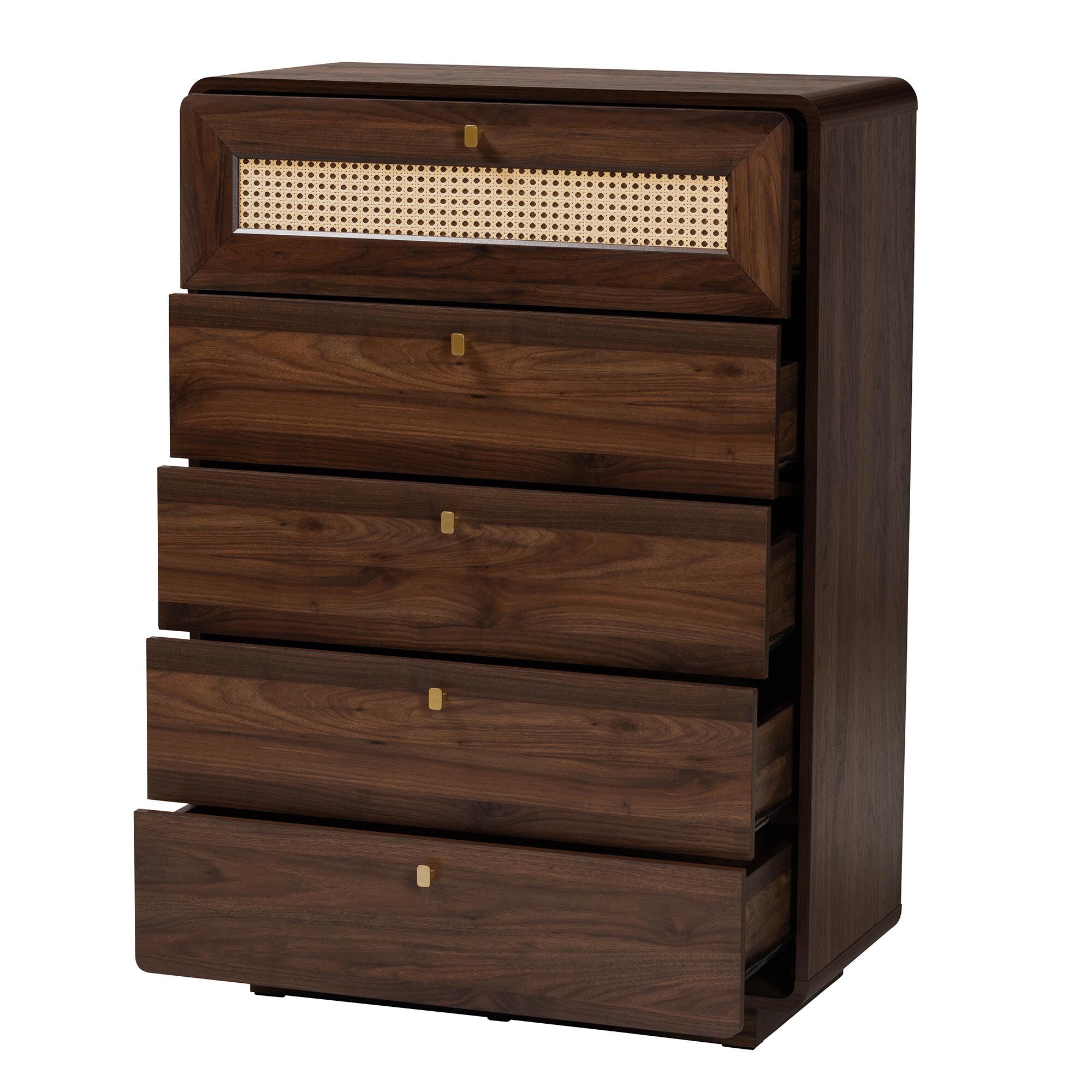 Jenibelle Classic Walnut Brown Wood 5-Drawer Chest with Rattan Drawer, BROWN, alternate image number 3
