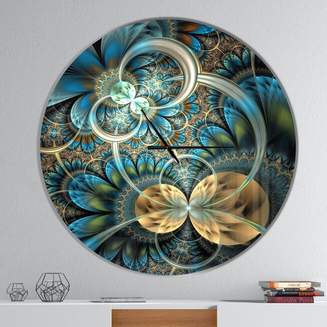 Symmetrical Blue Gold Fractal Flower Modern Wall Clock, BLUE, hi-res image number 0