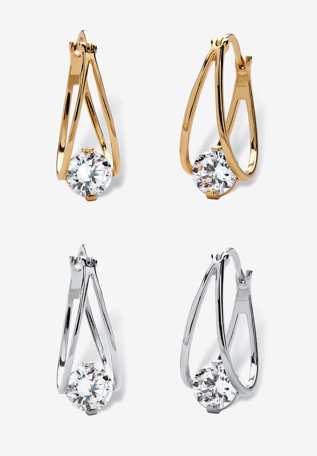 Silvertone 2 Pair Set Hoop Earrings (24x9mm) Round Simulated Blue, APRIL, hi-res image number 0