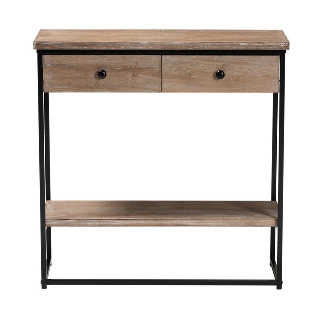 Silas Modern Industrial Natural Brown Finished Wood And Black Metal 2-Drawer Console Table, , alternate image number null