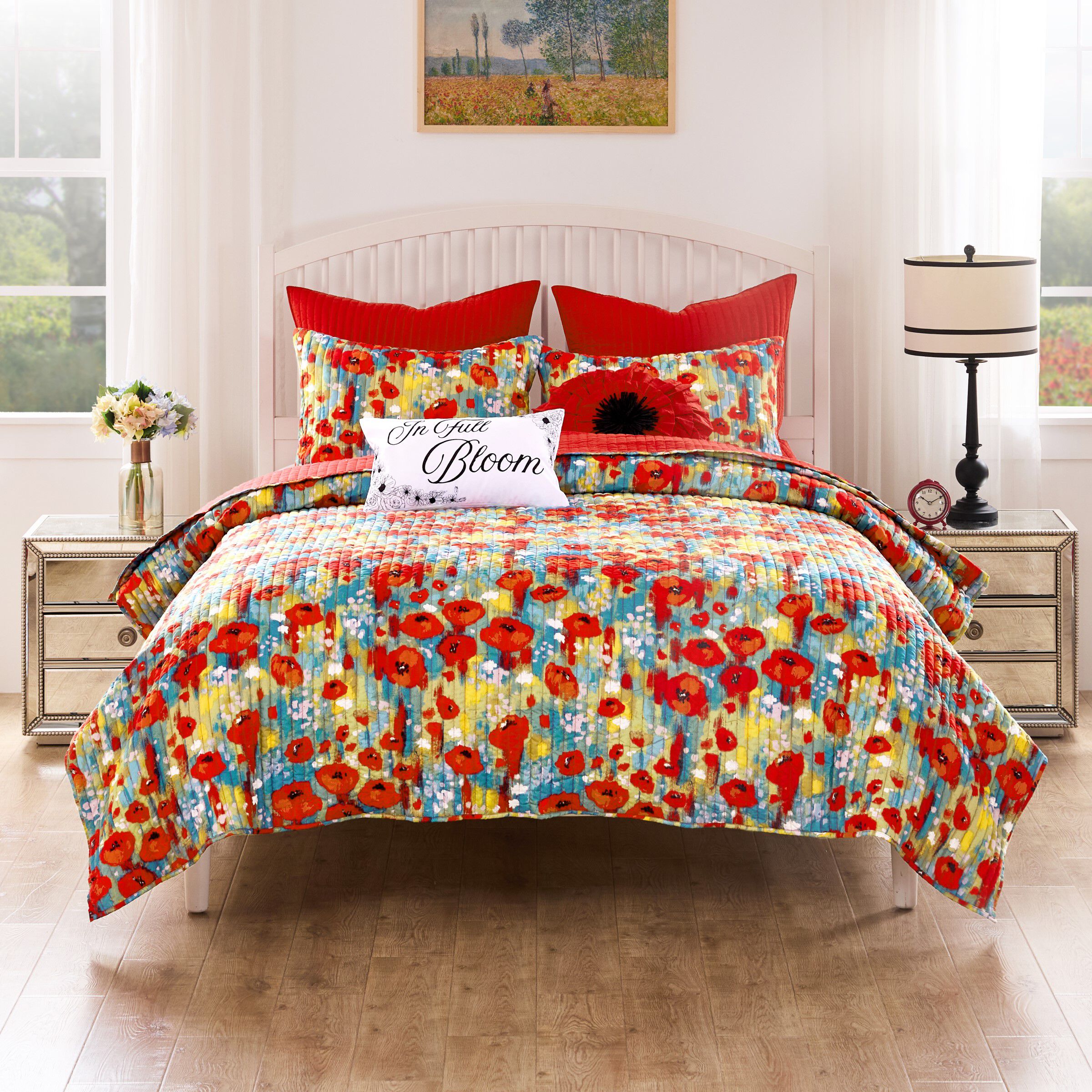 Poppies Modern Boho Floral Finely Stitched Quilt Set, RED, alternate image number 3