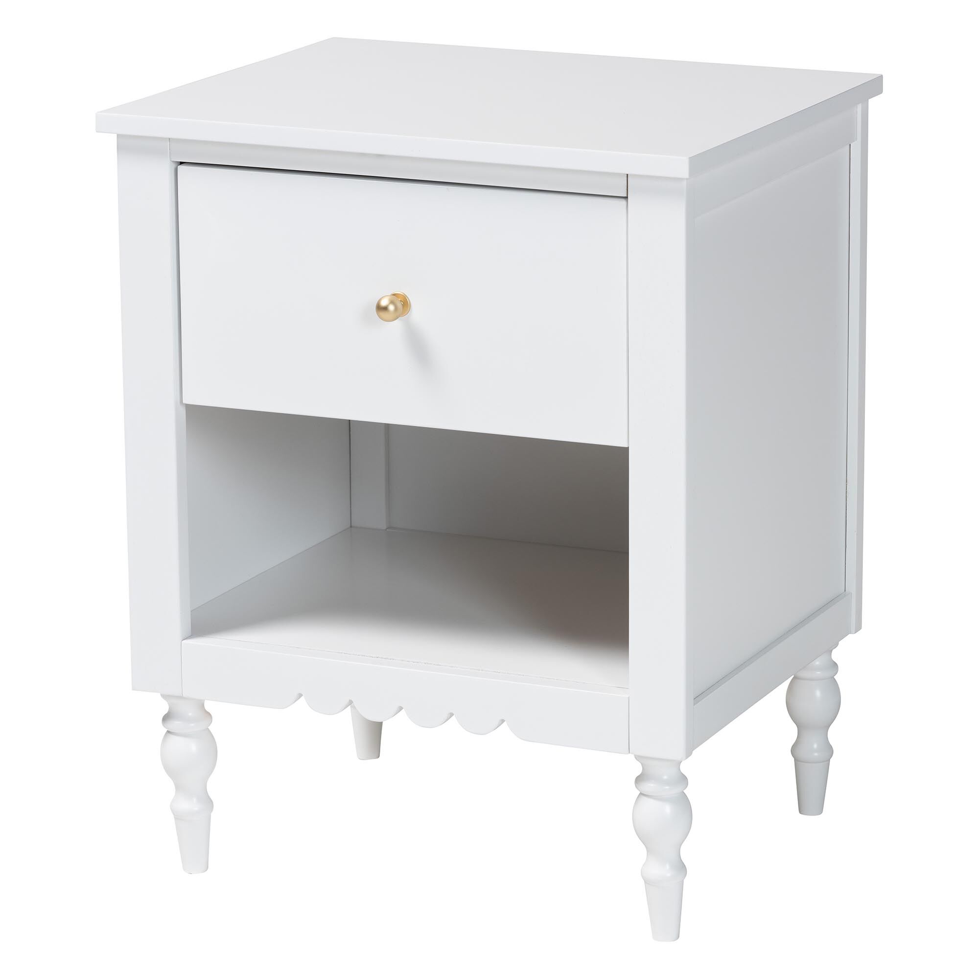 Roni Modern White Wood 1-Drawer Nightstand with Scalloped Edges, WHITE, alternate image number 1
