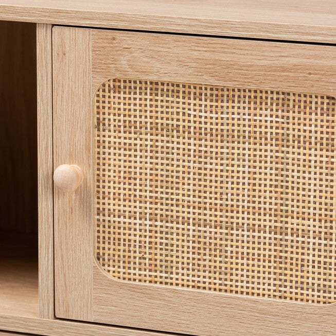 Elsbeth Mid-Century Modern Light Brown Finished Wood And Natural Rattan 3-Door Sideboard, , alternate image number null