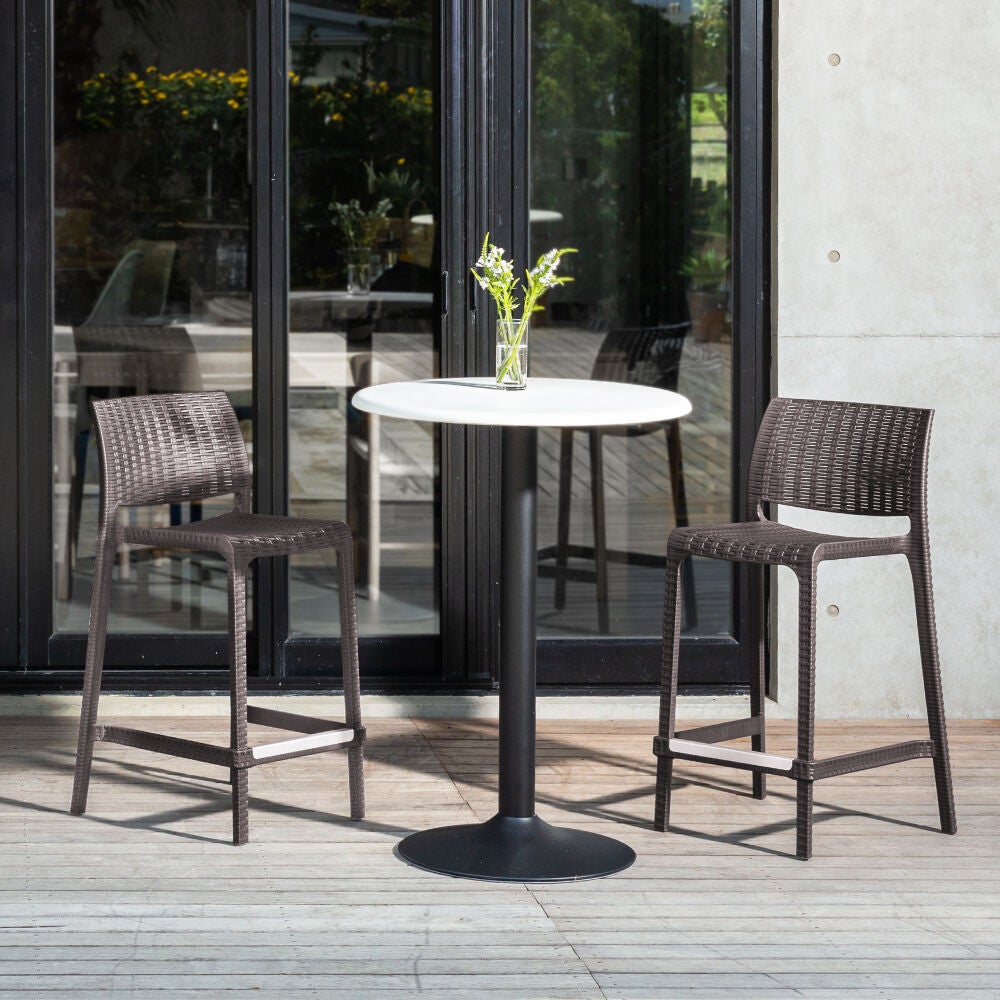 Outdoor stackable counter stool set of 2 with dark woven seat and back