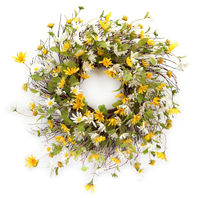 Mixed Daisy Floral Wreath 24 inchesD, YELLOW, hi-res image number null