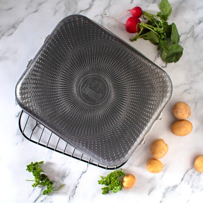 LIVWELL DiamondClad™ 14-inch Hybrid Nonstick Stainless Steel Roasting Pan with Basket, Dishwasher Safe, PFOA-free – Silver/Black, SILVER, alternate image number null