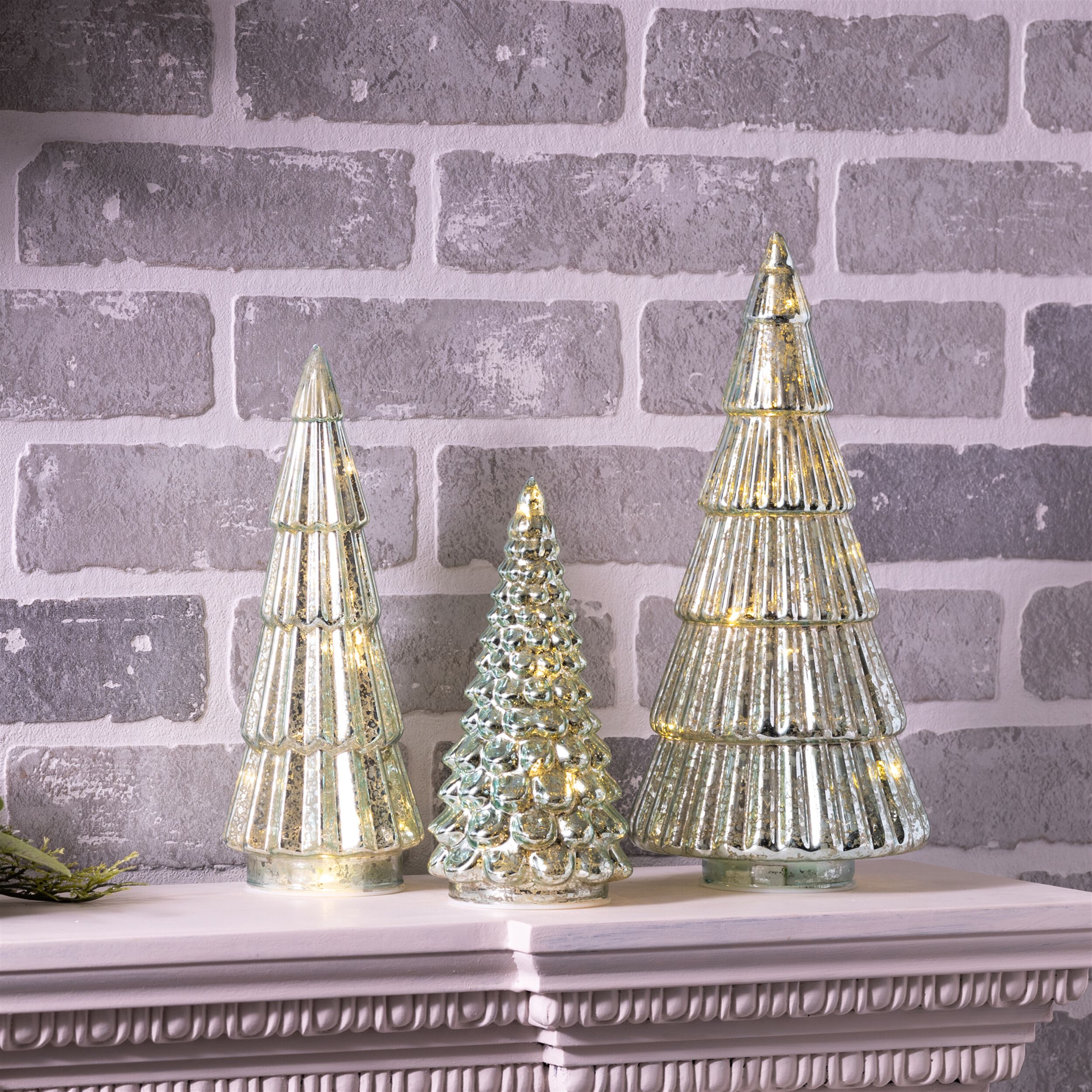 LED Green Mercury Glass Tree (Set of 3), GREEN, alternate image number 5