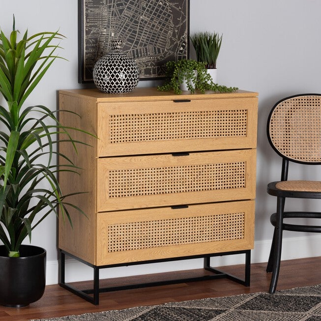 Sawyer Mid-Century Modern Industrial Oak Brown Finished Wood And Black Metal 3-Drawer Storage Cabinet With Natural Rattan, , alternate image number null