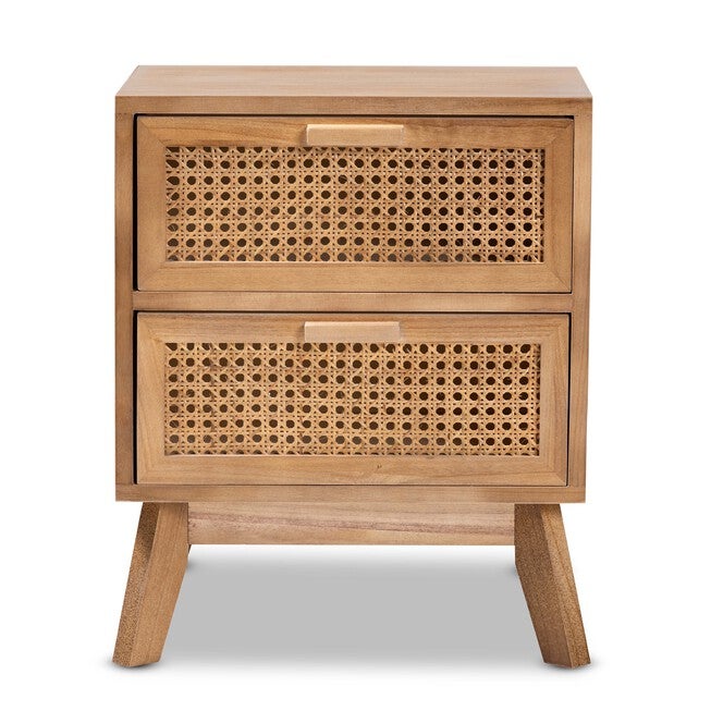 Baden Mid-Century Modern Walnut Brown Finished Wood 2-Drawer Nightstand With Rattan, , alternate image number null