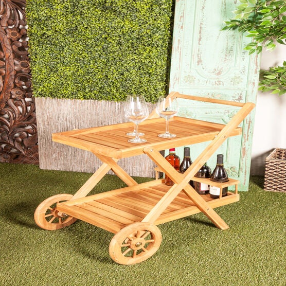 Brown Teak Wood Traditional Rolling Serving Cart, , alternate image number null