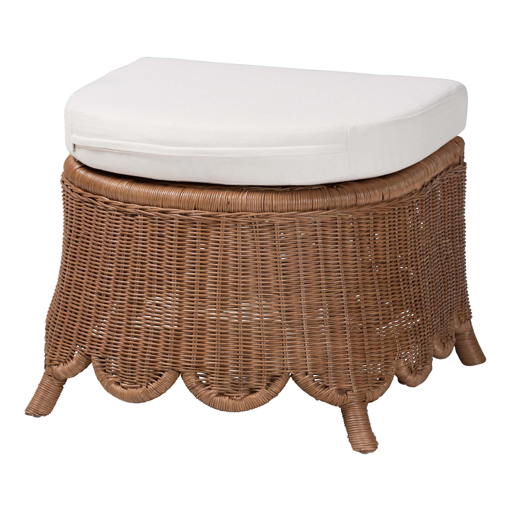 Natural rattan footstool with white cushion