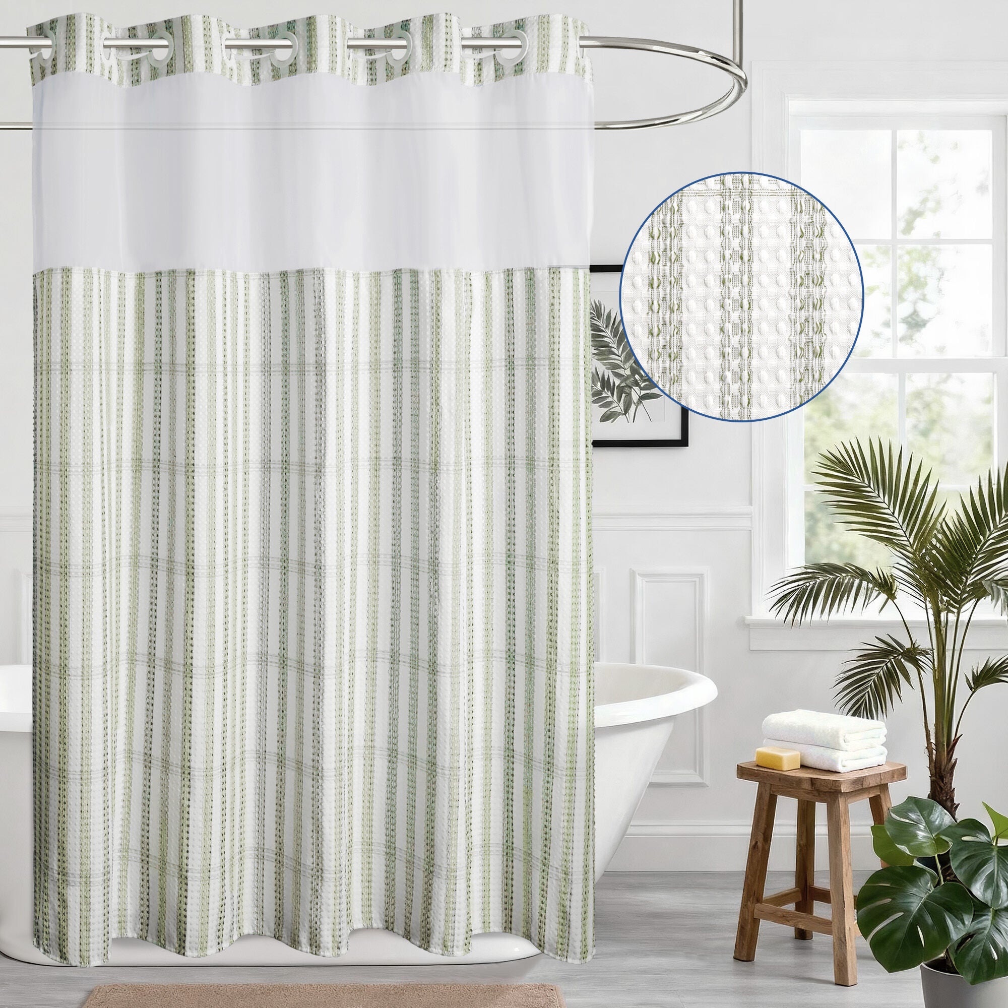 No Hook Plaid Waffle Shower Curtain with Snap-in Liner, GREEN, hi-res image number 0