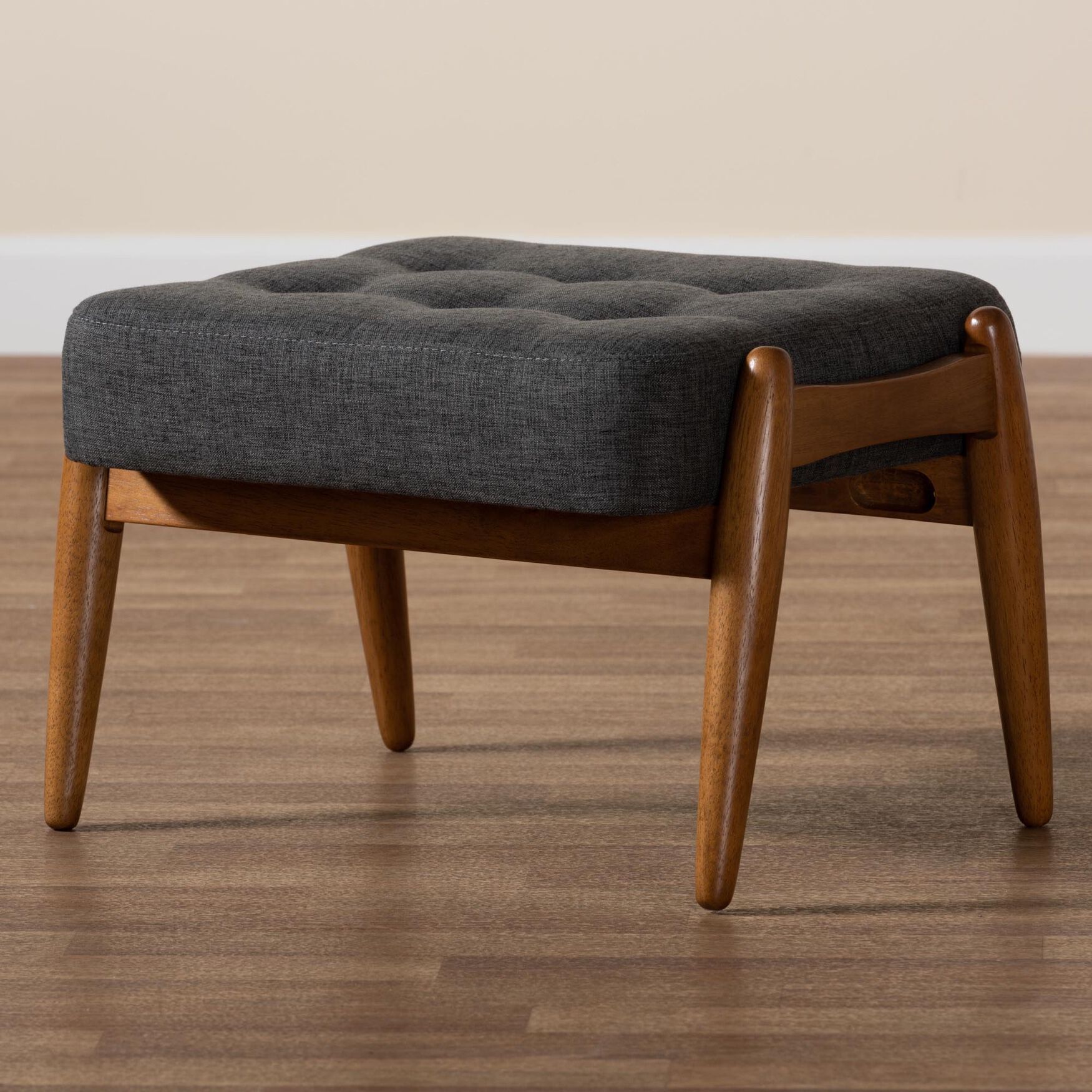 Jeanine Japandi Dark Grey Fabric And Walnut Brown Finished Wood Ottoman Footstool, , alternate image number 11