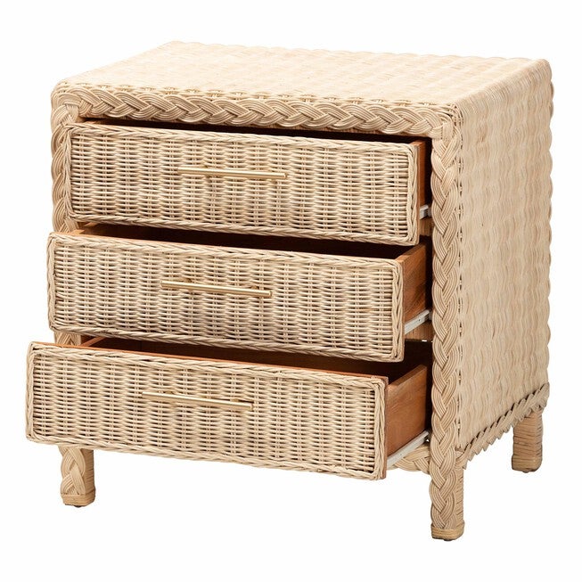 Lanica Japandi Sun Bleached Rattan 3-Drawer Nightstand, PALE, alternate image number 2
