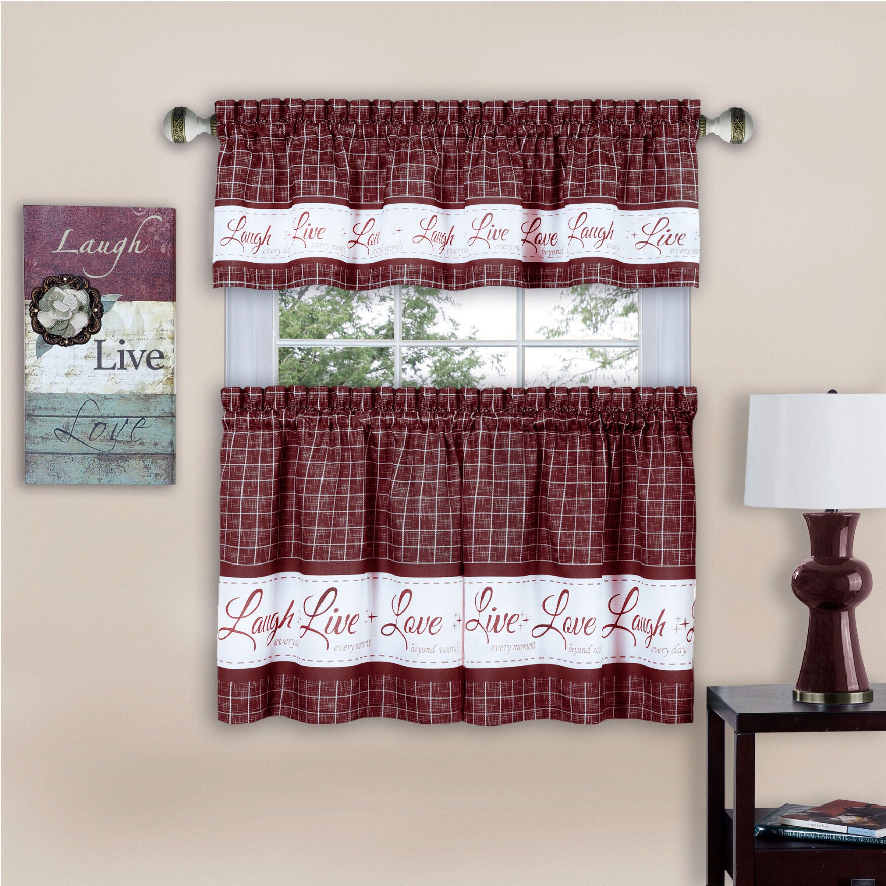 Live, Love, Laugh Window Curtain Tier Pair and Valance Set - 58x36, , on-hover image number 1