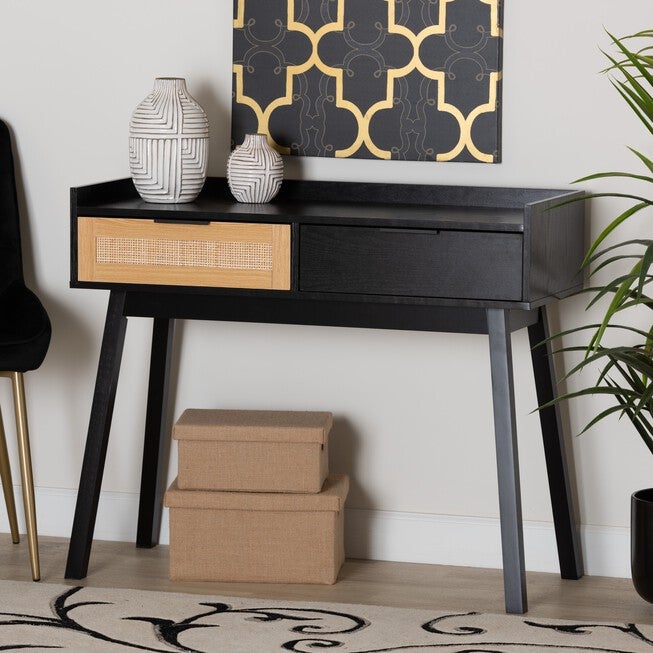 Kalani Mid-Century Modern Two-Tone Espresso Brown And Natural Brown Finished Wood 2-Drawer Console Table, , alternate image number 8