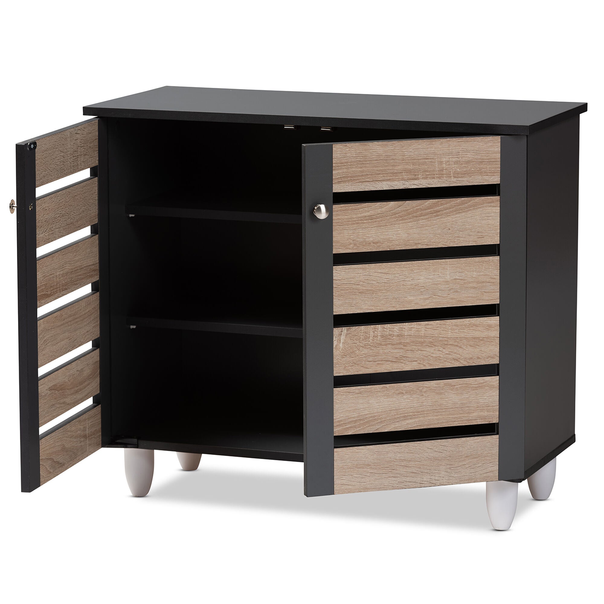 Gisela Modern and Contemporary Two-Tone Oak and Dark Gray 2-Door Shoe Storage Cabinet, OAK, alternate image number 3
