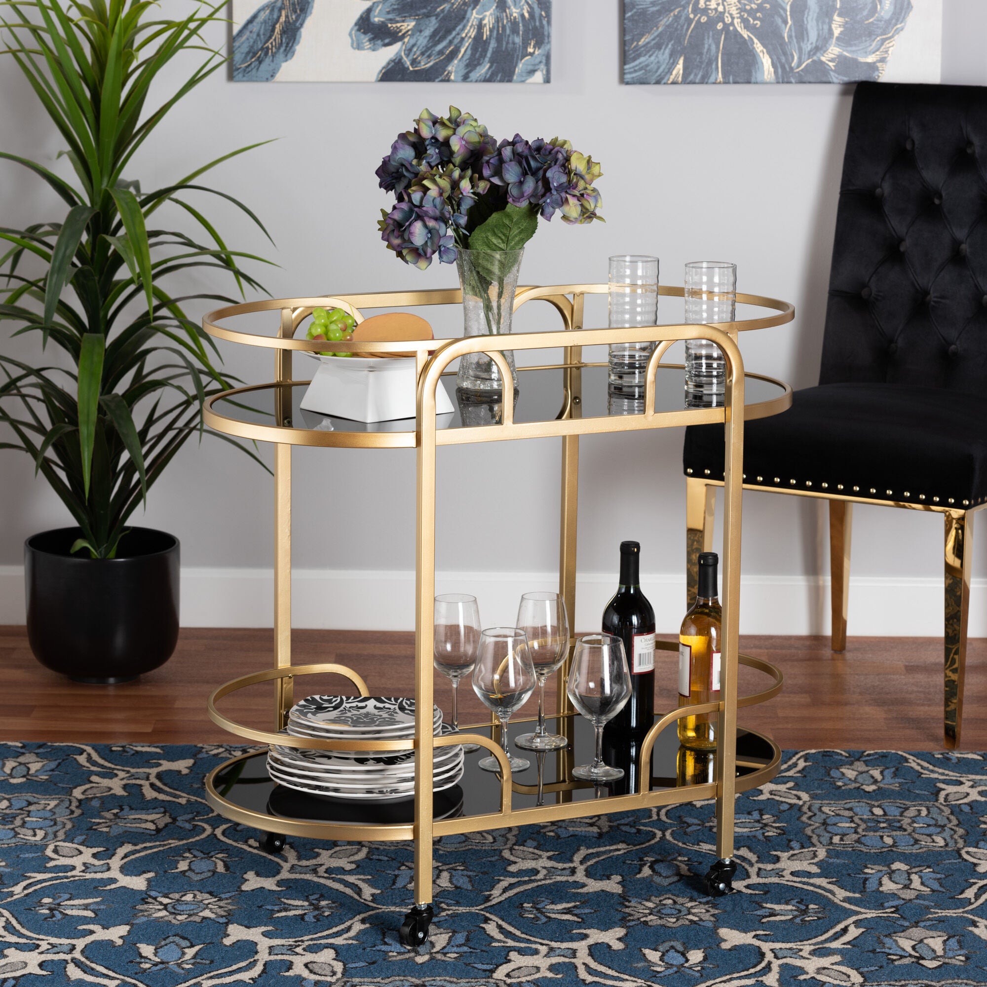 Leighton Contemporary Glam and Luxe Gold Metal and Tempered Glass 2-Tier Wine Cart, GOLD, alternate image number 6