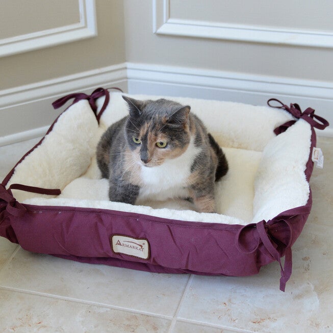 2-In-1 Cat Pet Bed & Fleece Mat, Burgundy/Ivory, , alternate image number 6