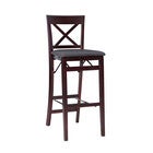 Two bar stools, one slightly forward, showing X-back design and dark wood finish.