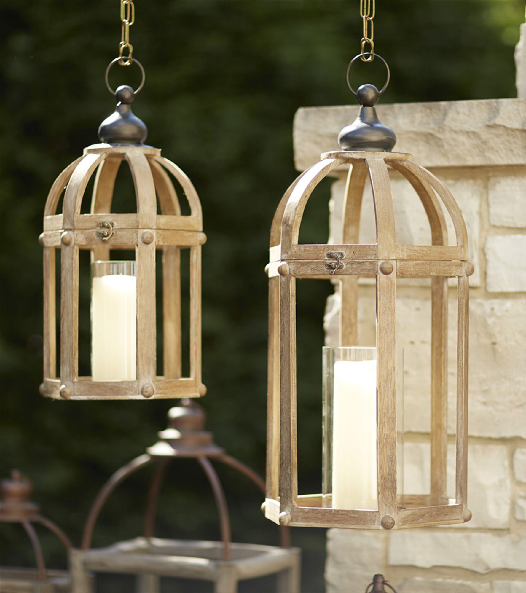 Lanterns (Set of 2) 21 inchesH, 28 inchesH Wood/Metal/Glass, BROWN/CLEAR, hi-res image number 0
